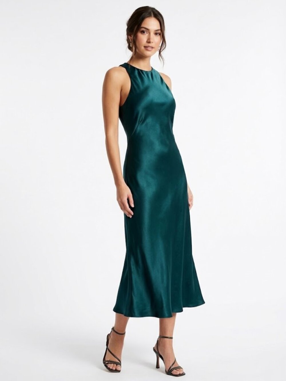 Double Zero Deep Teal Satin High Halter Neck Midi Dress